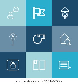 Modern, simple vector icon set on colorful blue backgrounds with online, connection, banner, house, book, click, open, sign, flag, nature, home, usa, cooler, estate, internet, man, box, country icons
