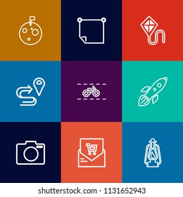 Modern, simple vector icon set on colorful flat backgrounds with fun, launch, background, lantern, paper, crater, note, flag, location, blank, memo, science, message, vintage, sky, camera, space icons