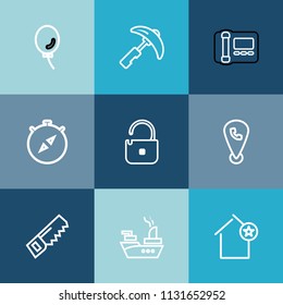 Modern, simple vector icon set on colorful blue backgrounds with marine, picking, work, celebrate, office, equipment, north, security, mobile, celebration, favorite, military, home, apartment icons