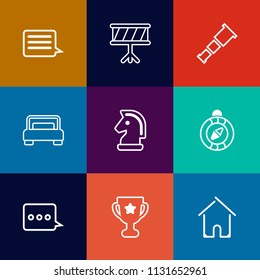 Modern, simple vector icon set on colorful flat backgrounds with home, instrument, direction, sky, award, place, game, night, musical, sound, double, telescope, drum, architecture, chess, sign icons