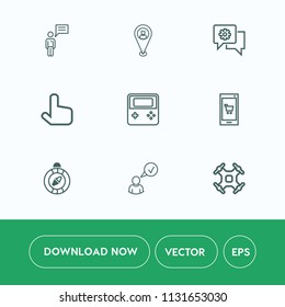 Modern, simple vector icon set on white background with app, internet, technology, map, pin, computer, direction, online, location, person, phone, cursor, drone, button, profile, business, sign icons