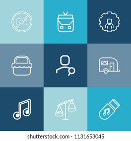 Modern, simple vector icon set on colorful blue backgrounds with online, measurement, sound, van, web, no, photo, modern, photography, style, weight, transportation, balance, camera, grass, park icons