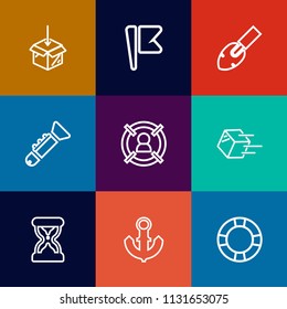 Modern, simple vector icon set on colorful flat backgrounds with trumpet, business, banner, concept, sign, boat, nautical, marketing, sea, sand, summer, box, delivery, america, nation, anchor icons