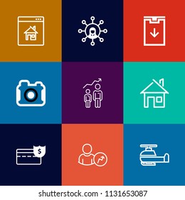 Modern, simple vector icon set on colorful flat backgrounds with business, computer, photography, home, camera, cutout, download, estate, aviation, arrow, photo, photographer, coin, personal icons