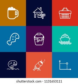 Modern, simple vector icon set on colorful flat backgrounds with shop, cup, home, mug, container, mortgage, beverage, fast, store, night, seafood, drink, rent, handle, water, star, sale, clean icons