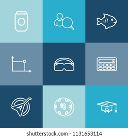 Modern, simple vector icon set on colorful blue backgrounds with instrument, can, online, university, sign, business, website, calculator, aluminum, computer, string, button, gambling, account icons