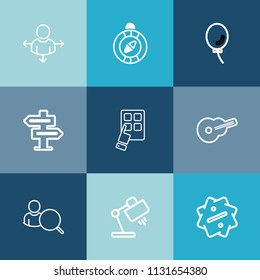 Modern, simple vector icon set on colorful blue backgrounds with map, table, online, place, air, modern, home, account, music, computer, background, east, discount, doorknob, device, compass icons