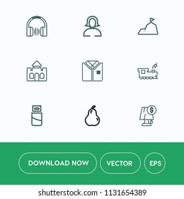Modern, simple vector icon set on white background with sound, transportation, face, tower, young, fruit, castle, architecture, beauty, device, computer, light, mountain, medieval, technology icons