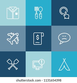 Modern, simple vector icon set on colorful blue backgrounds with fork, flight, chat, bubble, oar, speech, restaurant, white, airplane, shirt, table, front, finger, hand, touch, internet, outdoor icons