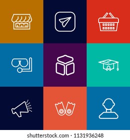 Modern, simple vector icon set on colorful flat backgrounds with white, message, loud, market, sound, cube, smartphone, male, purchase, curtain, glass, mask, communication, front, college, store icons