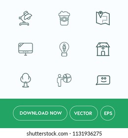 Modern, simple vector icon set on white background with creative, house, business, chat, architecture, white, businessman, cafe, lamp, furniture, estate, decoration, nature, internet, people, pc icons