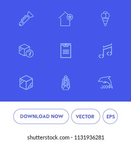 Modern, simple vector icon set on blue background with lantern, summer, instrument, apartment, cold, weight, favorite, metal, ocean, home, template, packaging, wildlife, musical, ice, scoop, box icons