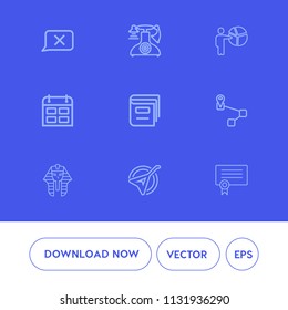 Modern, simple vector icon set on blue background with time, antique, template, presentation, meeting, chat, call, businessman, instrument, day, musical, schedule, book, certificate, diploma icons