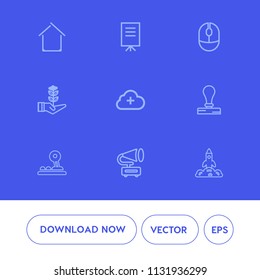 Modern, simple vector icon set on blue background with businessman, web, meeting, rocket, nature, vintage, record, retro, house, presentation, seedling, life, estate, conference, mouse, device icons