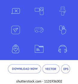 Modern, simple vector icon set on blue background with left, communication, switch, vintage, email, internet, audio, closed, camera, lamp, bus, fashion, direction, light, equipment, bag, sound icons