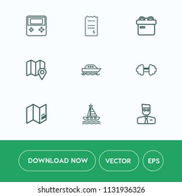 Modern, simple vector icon set on white background with pay, sign, sport, bill, workout, ocean, background, pin, travel, gym, sea, present, fitness, gift, arrow, world, water, money, map, credit icons