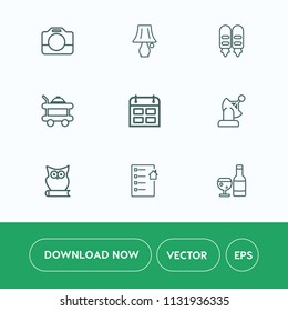 Modern, simple vector icon set on white background with schedule, bird, animal, time, lens, switch, drink, electric, day, estate, communication, camcorder, table, technology, earth, bulb, light icons