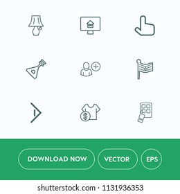Modern, simple vector icon set on white background with furniture, pointer, sale, desk, sign, estate, folk, button, string, modern, instrument, computer, electric, lamp, real, object, switch icons