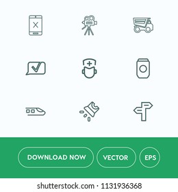 Modern, simple vector icon set on white background with tin, film, aluminum, doctor, screen, can, cord, tripod, arrow, retro, cable, tv, business, container, stop, camera, railway, projection icons