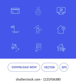 Modern, simple vector icon set on blue background with home, rent, flight, mexico, ring, house, baja, template, mobile, aircraft, device, red, landlord, blue, ocean, money, plane, travel, estate icons