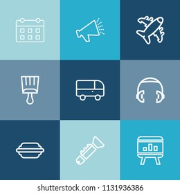 Modern, simple vector icon set on colorful blue backgrounds with trumpet, airplane, musical, burger, voice, bun, music, day, equipment, transport, fly, speaker, transportation, speed, schedule icons