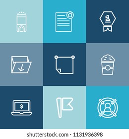 Modern, simple vector icon set on colorful blue backgrounds with place, america, rubbish, screen, message, bed, cup, office, marketing, achievement, notebook, business, document, accommodation icons
