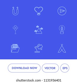 Modern, simple vector icon set on blue background with science, lamp, attraction, adventure, heart, file, landscape, outdoor, office, communication, table, mountain, creative, south, cooler, air icons