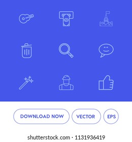 Modern, simple vector icon set on blue background with builder, white, wand, engineer, can, card, speech, worker, wizard, message, concert, magic, guitar, sound, music, credit, find, cash, web icons