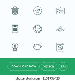 Modern, simple vector icon set on white background with identification, shipping, coin, happy, name, investment, surf, service, internet, communication, message, email, achievement, surfer, id icons