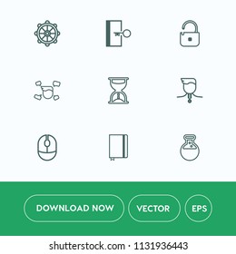 Modern, simple vector icon set on white background with clock, competition, book, page, safety, medicine, tool, paper, timer, man, emergency, medal, helm, sand, winner, marine, device, click icons