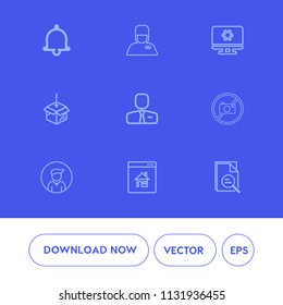 Modern, simple vector icon set on blue background with bellhop, luggage, computer, reminder, work, man, office, package, porter, setting, house, real, box, business, download, male, notification icons