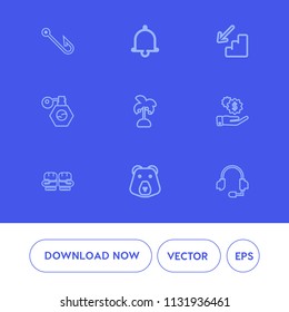Modern, simple vector icon set on blue background with tropical, glove, bear, bell, beauty, alarm, headset, money, notification, finance, equipment, fish, alert, boxing, upstairs, rod, water, up icons