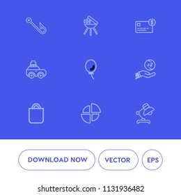 Modern, simple vector icon set on blue background with equipment, home, gift, investment, people, cooking, table, business, fire, grilled, bbq, fishing, air, water, holiday, hook, luggage, meat icons