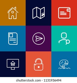 Modern, simple vector icon set on colorful flat backgrounds with food, house, money, construction, cash, geography, world, communication, building, modern, identity, personal, architecture, real icons