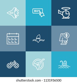 Modern, simple vector icon set on colorful blue backgrounds with music, day, musical, travel, summer, cycle, lamp, calendar, bicycle, instrument, surfing, pool, string, timetable, tropical, folk icons
