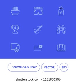 Modern, simple vector icon set on blue background with page, cash, shorts, dish, frame, certificate, business, fashion, award, bank, paper, salt, money, ingredient, achievement, hot, literature icons