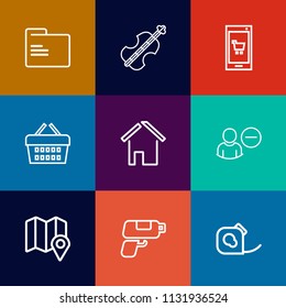 Modern, simple vector icon set on colorful flat backgrounds with concert, music, office, location, object, gun, store, shop, violoncello, insulating, market, building, string, delete, estate icons