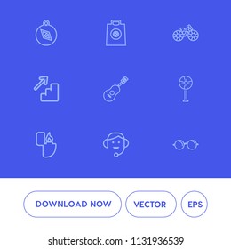 Modern, simple vector icon set on blue background with concert, bicycle, gift, fire, travel, fan, east, cigarette, glasses, retail, down, office, business, flame, west, sale, fashion, eye, air icons