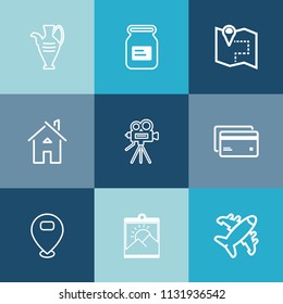 Modern, simple vector icon set on colorful blue backgrounds with object, ceramic, frame, food, plastic, plane, aluminum, building, travel, art, container, metal, packaging, flight, sign, home icons