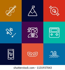 Modern, simple vector icon set on colorful flat backgrounds with summer, aircraft, travel, vintage, swimming, landscape, plane, water, blue, button, mask, masquerade, instrument, sky, string icons