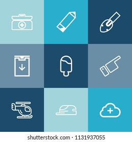 Modern, simple vector icon set on colorful blue backgrounds with sign, transportation, hammer, cross, sweet, pen, download, pencil, screwdriver, dessert, helicopter, web, construction, sky, box icons