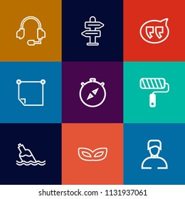 Modern, simple vector icon set on colorful flat backgrounds with arrow, tool, technology, equipment, male, paint, carnival, center, road, microphone, celebration, man, note, clean, call, office icons