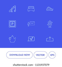 Modern, simple vector icon set on blue background with chat, tackle, bed, home, bedroom, upload, business, hotel, transport, hot, house, sea, web, download, boat, sport, furniture, direction, go icons