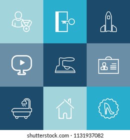 Modern, simple vector icon set on colorful blue backgrounds with woman, video, door, female, architecture, rocket, social, arrow, technology, white, safety, internet, home, interior, circle icons