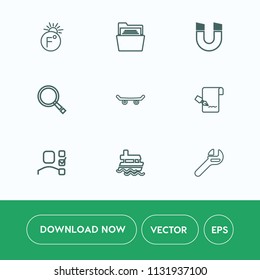 Modern, simple vector icon set on white background with list, document, meteorology, paper, thermometer, wrench, measurement, equipment, office, spanner, blank, search, magnetic, ocean, ship icons