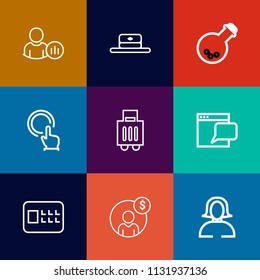 Modern, simple vector icon set on colorful flat backgrounds with finger, accounting, white, lock, click, account, internet, bank, object, financial, touch, young, chat, social, woman, bag, girl icons