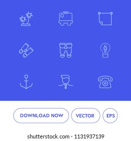 Modern, simple vector icon set on blue background with travel, optical, success, office, winner, luggage, creative, note, mobile, gold, palm, home, coconut, ship, search, summer, plant, natural icons