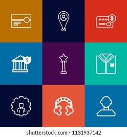 Modern, simple vector icon set on colorful flat backgrounds with technology, finance, map, credit, audio, navigation, purchase, cash, retro, bank, music, tshirt, media, stereo, white, online icons