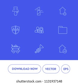 Modern, simple vector icon set on blue background with blank, price, business, female, bugle, red, removal, table, bed, paper, file, musical, pink, staff, protect, trumpet, house, lipstick, home icons