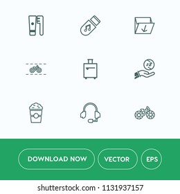 Modern, simple vector icon set on white background with dollar, cafe, support, transportation, drink, cup, microphone, suitcase, data, trip, waste, sign, cycle, storage, shop, headset, rubbish icons